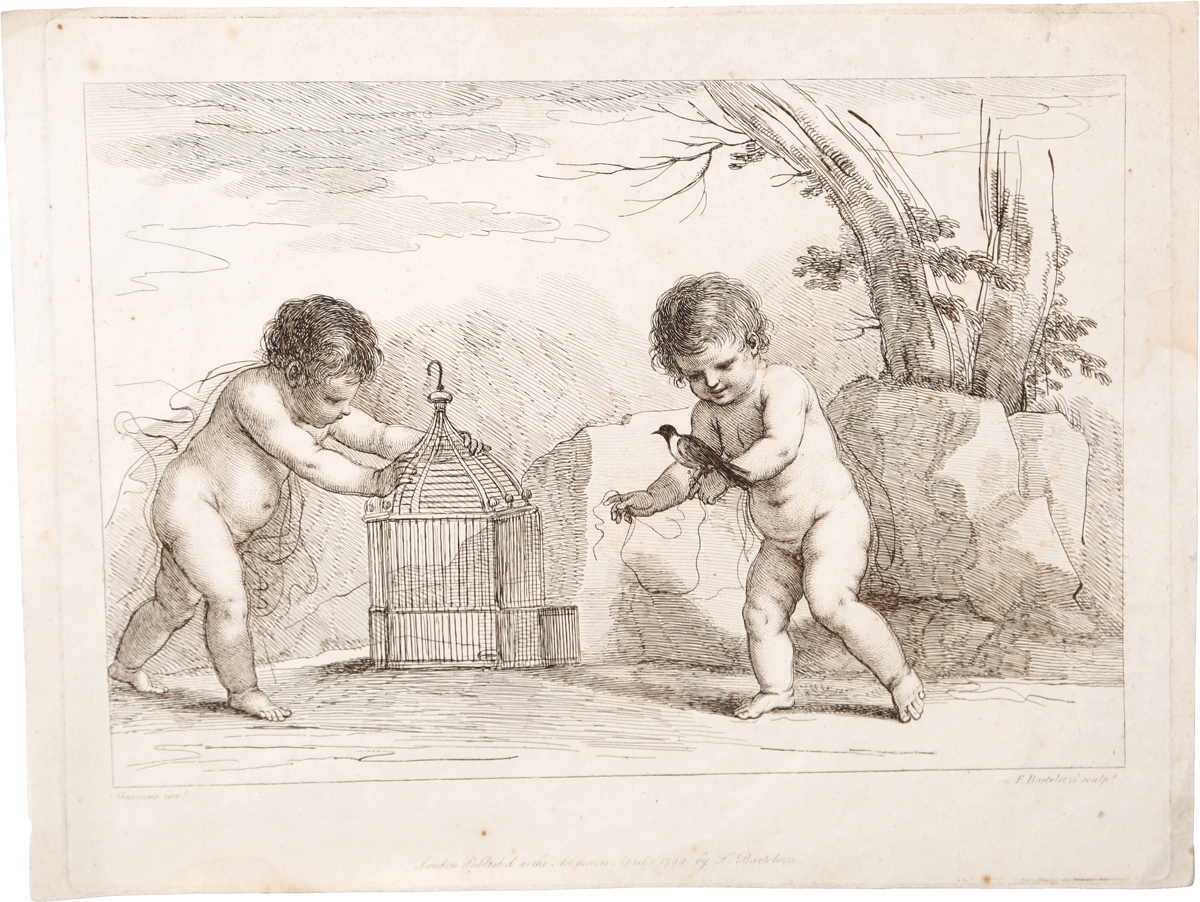 Ф. Бартолоцци. Дети играют с канарейкой. Гравюра. Западная Европа, 1794 год