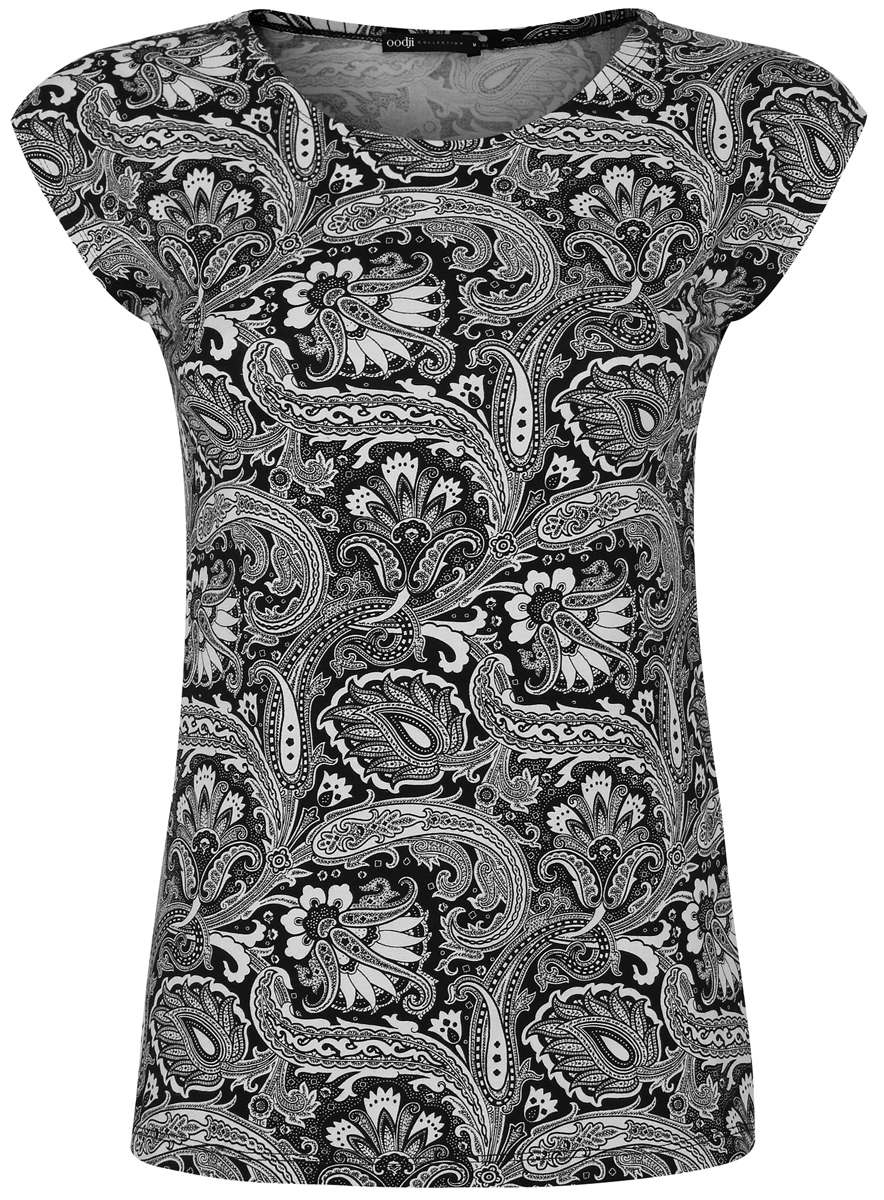 Футболка женская oodji Collection, цвет: черный, кремовый. 24708006/16651/2930E. Размер S (44)24708006/16651/2930E Футболка женская oodji Collection, цвет: черный, кремовый. 24708006/16651/2930E. Размер S (44)24708006/16651/2930EФутболка oodji Collection выполнена из натурального хлопка с добавлением эластана, обеспечивающего эластичность и хорошую посадку. Модель с круглым воротником и коротким рукавом оформлена оригинальным принтом.