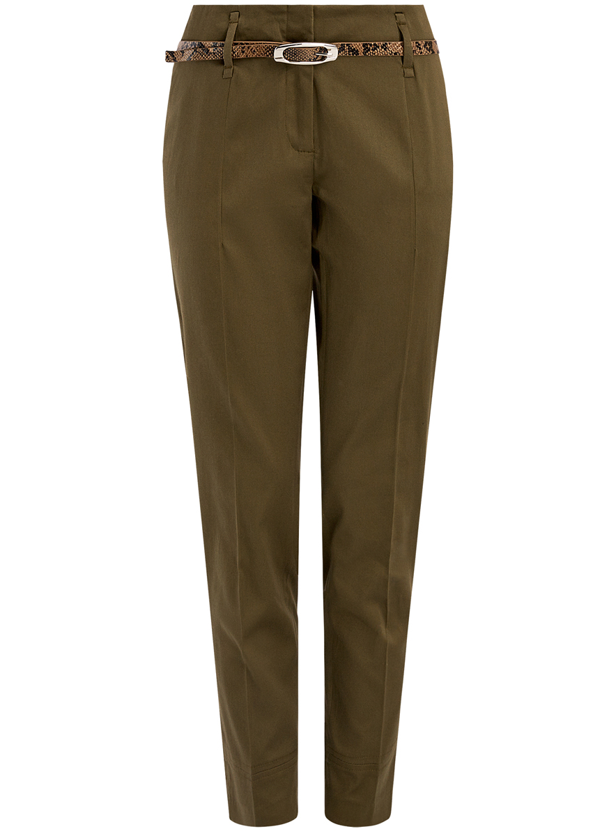Брюки женские oodji Collection, цвет: темный хаки. 21703094-3/33482/6800N. Размер 42 (48-170)21703094-3/33482/6800N Брюки женские oodji Collection, цвет: темный хаки. 21703094-3/33482/6800N. Размер 42 (48-170)21703094-3/33482/6800NСтильные женские брюки oodji выполнены из хлопка с небольшим добавлением полиуретана. Модель со средней посадкой застегивается на молнию, пуговицу и застежку-крючок, имеются шлевки для ремня. По бокам изделие дополнено втачными карманами, сзади имитацией двух прорезных карманов.К брюкам прилагается ремень из искусственной кожи с металлической пряжкой.