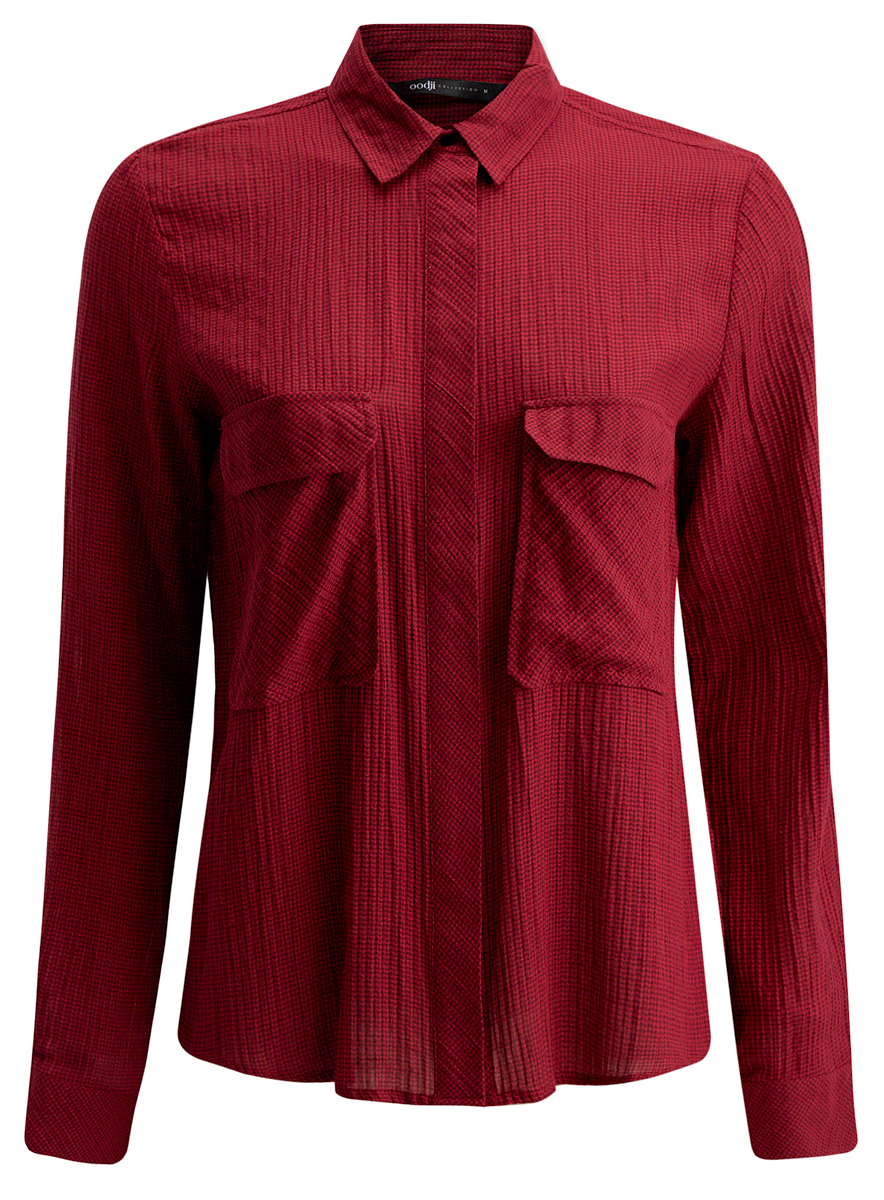 Рубашка женская oodji Collection, цвет: красный. 21441095/43671/4549G. Размер L (48)21441095/43671/4549G Рубашка женская oodji Collection, цвет: красный. 21441095/43671/4549G. Размер L (48)21441095/43671/4549GСтильная женская рубашка oodji Collection выполнена из хлопка с добавлением эластана.Модель с отложным воротником и длинными рукавами застегивается на скрытые пуговицы по всей длине. Манжеты рукавов оснащены застежками-кнопками. Длина рукава регулируется при помощи хлястика с застежкой пуговицей. Модель оформлена интересным принтом. На груди расположены два накладных кармана с клапанами.