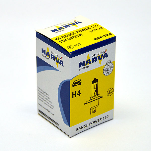 Лампа автомобильная галогенная Narva RangePower +110, цоколь H4, 60 Вт480613000 Лампа автомобильная галогенная Narva RangePower +110, цоколь H4, 60 Вт480613000Новые лампы Narva Range Power 110 улучшенная видимость до 110%. Благодаря мощному световому лучу водители смогут видеть дальше. За счет особой конструкции горелки мощность световогопотока возрастает, что повышает безопасность и эффективность лампы.