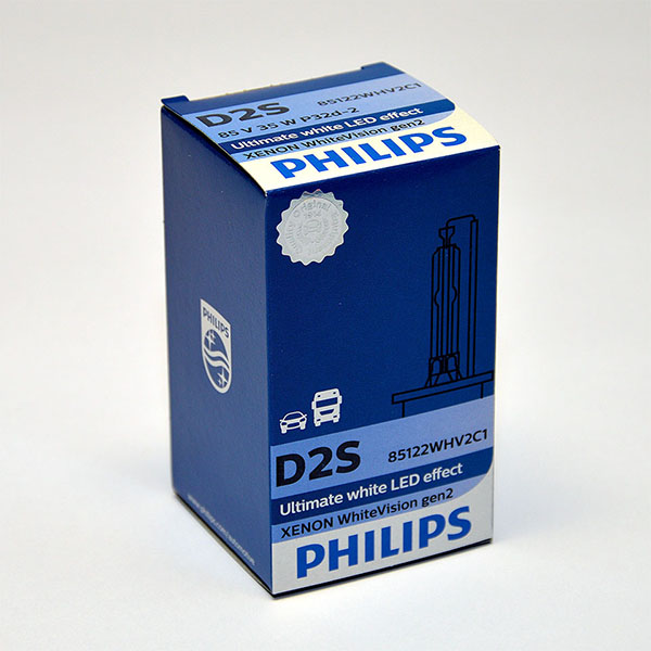 Лампа автомобильная ксеноновая Philips WhiteVision gen2, цоколь D2S, 85 Вт85122 WHV2C1 Лампа автомобильная ксеноновая Philips WhiteVision gen2, цоколь D2S, 85 Вт85122 WHV2C1? Мощный равномерный яркий белый свет ? Идеально сочетается со светодиодным освещением вашей машины? Белый свет до 5000K на дороге? Улучшение видимости на 120%*? Лампа, разрешенная для использования на дорогах общего пользованияС лампами Philips Xenon WhiteVision gen2 машина становится более заметной, а освещение дороги более ярким и равномерным. Xenon WhiteVision gen2 — идеальный выбор, если вы хотите сочетать ксенон со светодиодным освещением автомобиля.