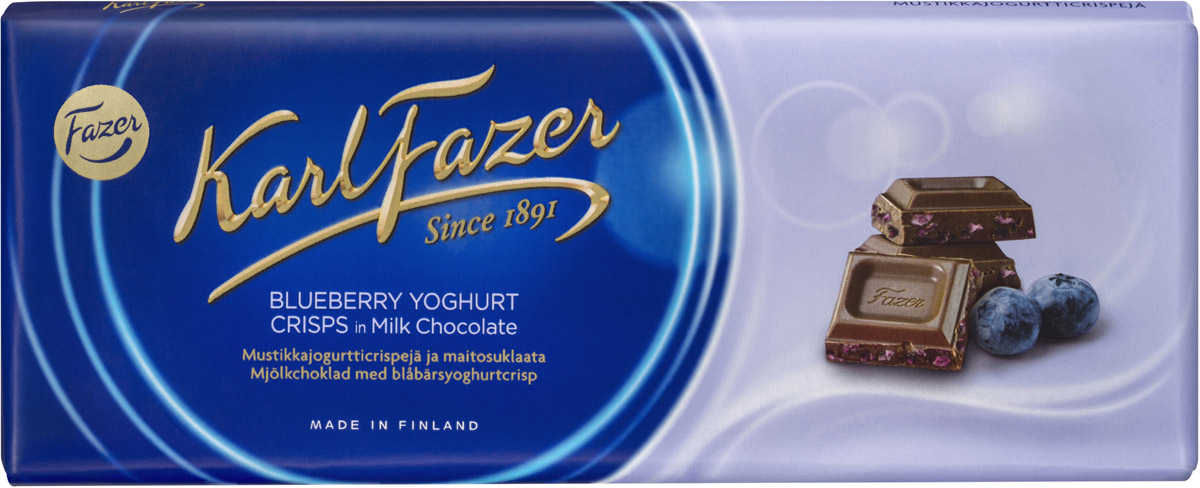 Karl Fazer Молочный шоколад с криспами черничного йогурта, 190 г5840 Karl Fazer Молочный шоколад с криспами черничного йогурта, 190 г5840Молочный шоколад Karl Fazer с криспами черничного йогурта до сих пор остается одним из самых востребованных и популярных среди всех продуктов линейки. Нежный шоколад с добавлением молока - лакомство для гурманов. Яркий свежий оттенок лета шоколаду придает черничный йогурт, так любимый многими детьми.Уважаемые клиенты! Обращаем ваше внимание, что полный перечень состава продукта представлен на дополнительном изображении.
