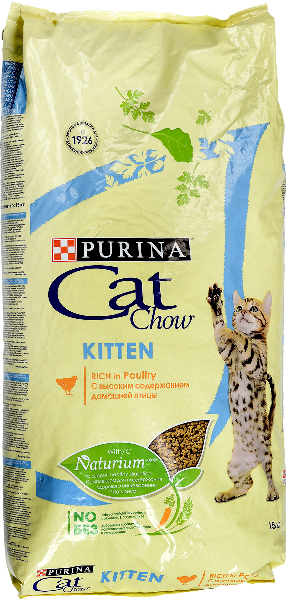 Корм сухой для котят Cat Chow Kitten, с курицей, 15 кг12118695 Корм сухой для котят Cat Chow Kitten, с курицей, 15 кг12118695Корм сухой Cat Chow Kitten - полнорационный корм для котят, с курицей. Подходит также для беременных и кормящих кошек.Сама природа вдохновляет компанию PURINA на разработку кормов, которые максимально отвечают потребностям ваших питомцев, с учетом их природных инстинктов. Имея более чем 80-ти летний опыт в области питания животных, PURINA создала новый корм Cat Chow - полностью сбалансированный корм, который не только доставит удовольствие вашей кошке, но и будет полезным для ее здоровья. Особенности корма Cat Chow Kitten:Высокое содержание мяса, с источниками высококачественного белка в каждой порции для поддержания оптимальной массы тела. Особое сочетание натуральных ингредиентов: тщательно отобранные травы и овощи (петрушка, шпинат, морковь, горох). Отборные ингредиенты придают особый аромат. Высокое содержание витамина Е для поддержания естественной защиты организма питомца. Содержит DHA, которая помогает поддерживать развитие мозга и зрения у вашего котенка.Состав: злаки, экстракт растительного белка, мясо и субпродукты (мясо 14%, курица 4%), продукты переработки овощей (петрушка 0,4%), масла и жиры, рыба и продукты переработки рыбы, минеральные вещества, овощи (морковь 1,3%, шпинат 1,3%, зеленый горох 1,3%), дрожжи. Добавленные вещества (на 1 кг): витамин А 17000 МЕ; витамин D3 1550 МЕ; витамин Е 130 МЕ, железо 70 мг; йод 1,4 мг; медь 12 мг; марганец 7 мг; цинк 100 мг; селен 0,07 мг. С антиокислителями. Гарантируемые показатели: белок 40%, жир 12%, сырая зола 9,5%, сырая клетчатка 1,5%, DHA 0,03%.Товар сертифицирован.