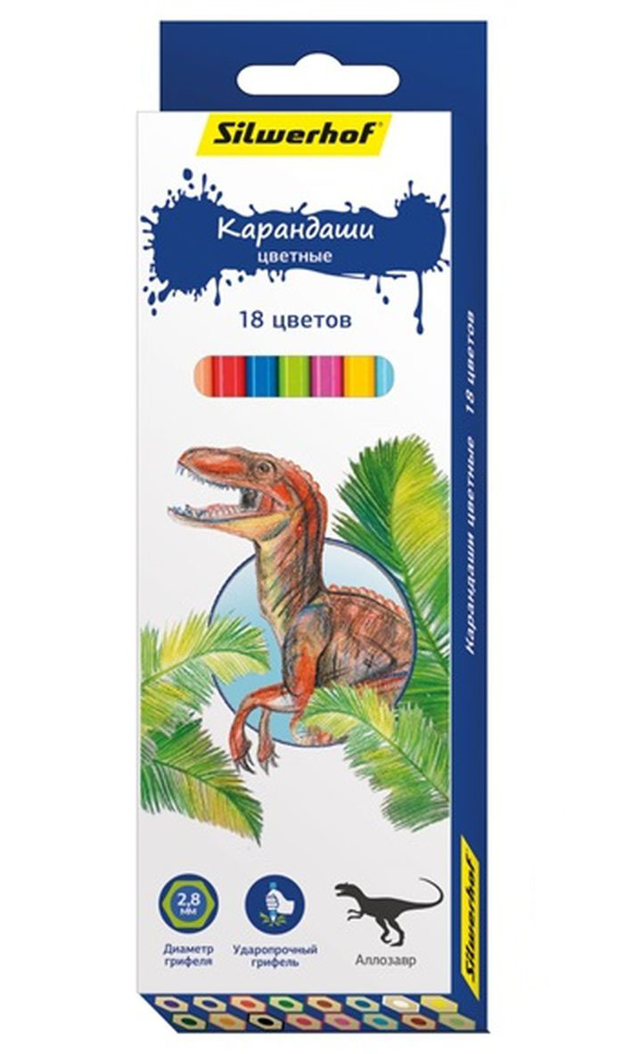 Silwerhof Карандаши цветные Динозавры 18 цветов134197-18 Silwerhof Карандаши цветные Динозавры 18 цветов134197-18Карандаши Silwerhof Динозавры станут хорошим подарком для маленьких начинающих художников.Шестигранный корпус изготовлен из натурального дерева.Благодаря специальной обработке, многослойной прокраске и лакировке, карандаши легко затачиваются, и их приятно держать в руках.В наборе 18 карандашей ярких, насыщенных цветов.