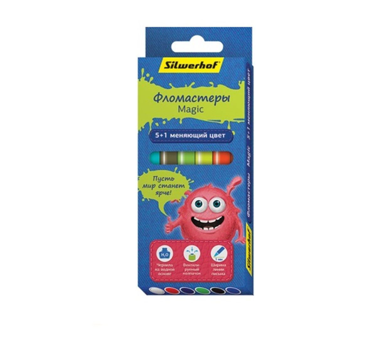 Silwerhof Фломастеры Magic Джинсовая коллекция 6 цветов867207-06 Silwerhof Фломастеры Magic Джинсовая коллекция 6 цветов867207-06Фломастеры Silwerhof Magic. Джинсовая коллекция прекрасно подойдут для воплощения творческих мыслей и смелых фантазий на бумаге.Пять ярких, насыщенных цветов оживят картинку и помогут создать настоящие шедевры. Также в состав набора входит специальный фломастер, меняющий цвета других фломастеров.Если юный художник испачкает одежду или руки, чернила на водной основе с легкостью отстирываются и отмываются с помощью обычного мыла.Стержень фломастера спрятан в утолщенном трехгранном корпусе, цвет которого соответствует цвету чернил, и закрыт вентилируемым колпачком. Эргономичная форма удобна для крохотных пальчиков и обеспечивает правильное положение фломастера в руках.Изделия упакованы в красивую картонную коробку синего цвета, оформленную текстурой джинсовой ткани.