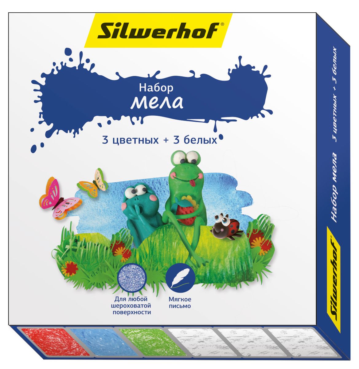 Silwerhof Набор цветных мелков Пластилиновая коллекция 6 шт883015-06 Silwerhof Набор цветных мелков Пластилиновая коллекция 6 шт883015-06Набор мелков Silwerhof Пластилиновая коллекция предназначен для рисования на любой шероховатой поверхности. Рисование мелками развивает у ребенка моторику, творческое мышление и воображение.Отличная мягкость письма без особых усилий. Мел не царапает поверхность и имеет высокую кроющую способность.В наборе 3 белых и 3 цветных мелка.