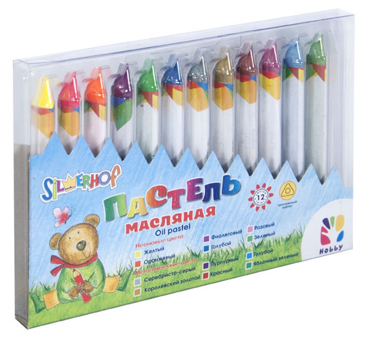 Silwerhof Пастель масляная Hobby Neon Metallic 12 цветов885004-12 Silwerhof Пастель масляная Hobby Neon Metallic 12 цветов885004-12Набор Silwerhof содержит масляную пастель (12 ярких активных цветов). Пастель выполнена в виде мелков треугольной формы, каждый из которых обернут в бумажную гильзу. Масляной постелью Silwerhof Hobby можно рисовать в любой технике - в сочетании с цветными карандашами и красками. При работе рекомендуется использовать шероховатые поверхности - специальную бумагу, картон, холст.