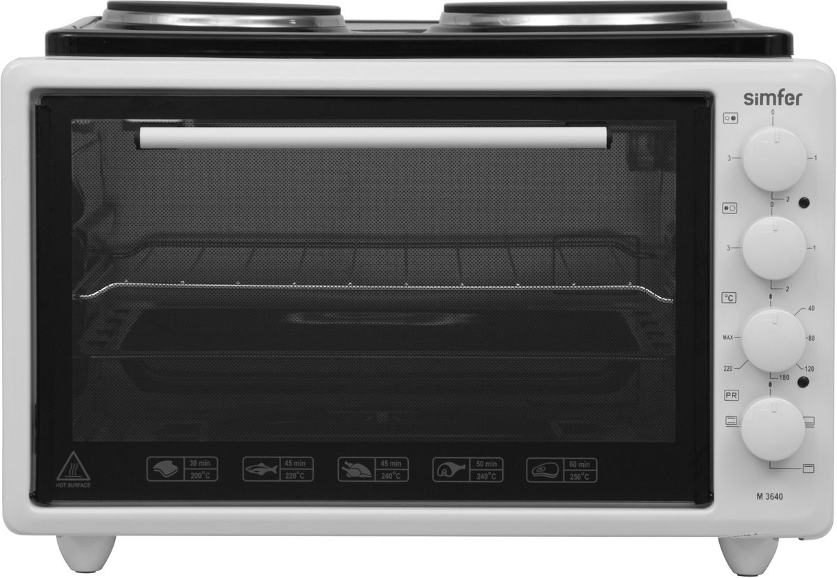 Simfer M3640 мини-печьM3640 Simfer M3640 мини-печьM3640Simfer M3640 - компактная духовка с внутренним объемом 36 литров. Идеально подходит как для деликатного приготовления пищи, так и для приготовления блюд с хрустящей корочкой. Оснащена механическим таймером и тремя режимами нагрева: верхний, нижний и комбинированный. Легко очищается, комплектуется решеткой для гриля и противнем для выпекания.2 электрические конфорки (1000 Вт + 1500 Вт)Механический таймер на 90 минутТермостат (температура нагрева от 0 до 250°С)Индикация работыРучка с защитой от нагреванияТермоизолированый корпус