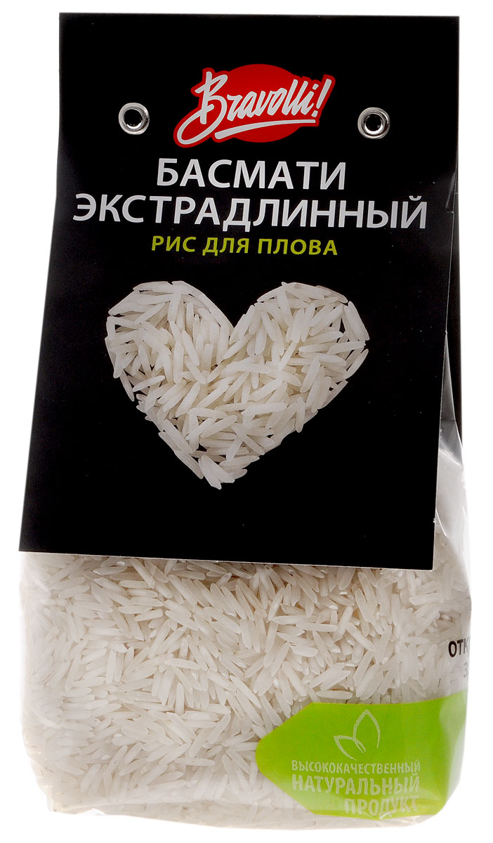 Bravolli Басмати экстрадлинный рис для плова, 350 гБР 133/6 Bravolli Басмати экстрадлинный рис для плова, 350 гБР 133/6Bravolli Басмати экстрадлинный - ароматный рис, который имеет исключительно длинное зерно, увеличивающееся во время варки в 2 раза. Он обладает способностью хорошо поглощать жир и остается рассыпчатым после приготовления, что делает его идеальным рисом для плова.