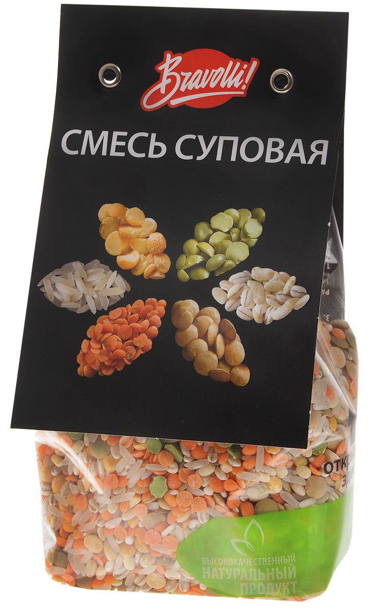 Bravolli Смесь суповая, 350 гБР 65/6 Bravolli Смесь суповая, 350 гБР 65/6Суповая смесь от Bravolli – удачное сочетание бобовых и круп. Она подойдет для приготовления не только супов, но и для гарниров, вторых блюд с мясом.