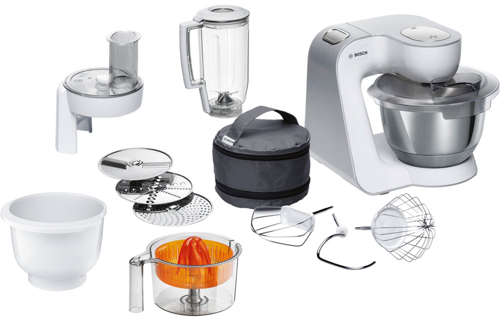 Bosch MUM58243 кухонный комбайнMUM58243 Bosch MUM58243 кухонный комбайнMUM58243Bosch MUM58243 - мощная кухонная машина с многосторонними возможностями для готовки и выпечки.Данная модель легко обрабатывает большие количества ингредиентов (до 1 кг муки плюс ингредиенты) благодаря мощному мотору 1000 Вт.Отличное качество замеса теста благодаря особой форме внутренней поверхности чаши и благодаря планетарному вращению насадок в трех плоскостях 3D. Возможно замесить до 2,7 кг легкого теста/ 1,9 кг дрожжевого теста.Прибор просто и удобно использовать благодаря функции автоматического поднятия рычага EasyArmLift. Функция автопарковки упрощает процесс смены насадок.Широкие возможности: насадки для взбивания крема, замеса теста, шинковки овощей, блендер для смешивания напитков, пресс для цитрусовых, а также дополнительная рабочая чаша.Прибор легко чистить благодаря гладкой поверхности. А насадки можно мыть в посудомоечной машине.