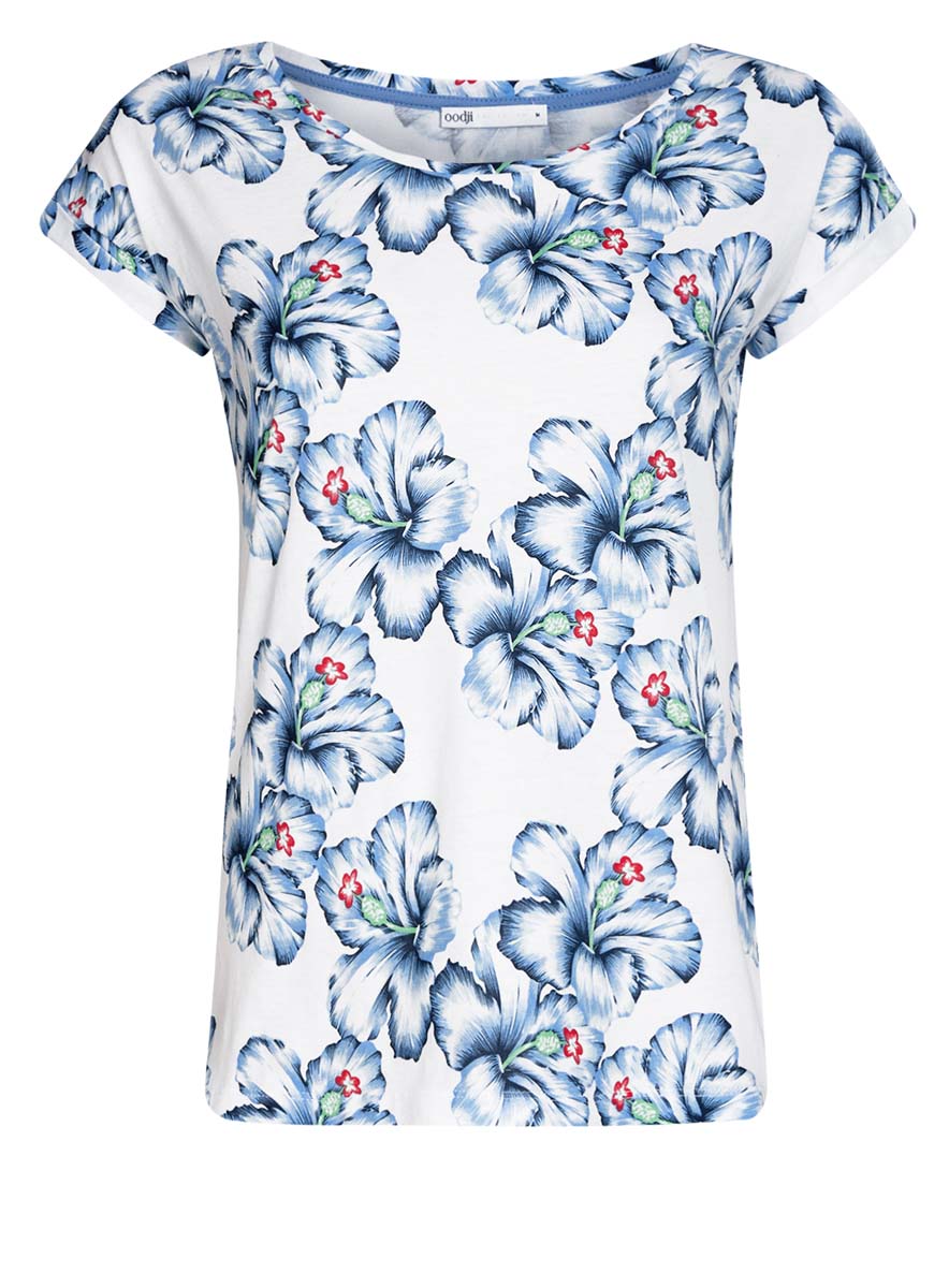 Футболка женская oodji Collection, цвет: белый, голубой. 24708002/42645/1070F. Размер L (48)24708002/42645/1070F Футболка женская oodji Collection, цвет: белый, голубой. 24708002/42645/1070F. Размер L (48)24708002/42645/1070FФутболка oodji полностью выполнена из натурального хлопка, обеспечивающего комфорт при движении. Модель с круглым воротником и коротким рукавом оформлена оригинальным цветочным принтом и разрезами по бокам.