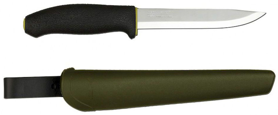 Нож туристический Morakniv 748 MG, цвет: черный, зеленый, стальной, длина лезвия 14,8 см12475 Нож туристический Morakniv 748 MG, цвет: черный, зеленый, стальной, длина лезвия 14,8 см12475Morakniv 748 MG - это многоцелевой нож скандинавского типа, предназначенный для использования в любых условиях, начиная от туризма и охоты и заканчивая промышленностью и строительством.Универсальный нож мора Morakniv 748 MG имеет удобную, не скользящую в руках, эргономическую пластиковую рукоять, снижающую вероятность получения травм и порезов при работе. Рукоятка выдерживает ударные нагрузки и защищает пальцы рук.Лезвие ножа изготовлено из стали Sandvik 12C27. Это, пожалуй, наиболее сбалансированная ножевая сталь, обладающая одновременно отменными характеристиками заточки, высокой прочностью и устойчивостью к коррозии. Рекомендованные области применения стали: охотничьи ножи, туристические ножи, карманные ножи, high-end кухонные ножи и тактические ножи. С диапазоном твердости 54-61 HRC, высокой ударной вязкостью, отличным сохранением режущей кромки и хорошей коррозионной стойкостью, 12C27 является самой рекомендуемой сталью для производства охотничьих и перочинных ножей, высококачественных поварских и тактических ножей.Нож комплектуется пластиковыми ножнами, которые обеспечивают качественную транспортировку и хранение, не боясь повредить одежду и порезаться.Общая длина ножа: 27,5 см.