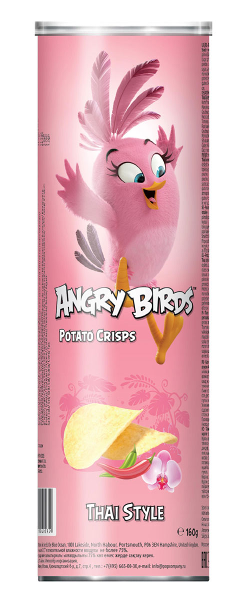 Angry Birds чипсы с тайским вкусом, 160 г7640110242032 Angry Birds чипсы с тайским вкусом, 160 г7640110242032Хрустящая картофельная закуска Angry Birds с ярким вкусом чеснока, тмина и паприки составит компанию любимому фильму или пиву! Возьмите с собой на пикник, в дорогу или в кинотеатр. Благодаря удобной тубе они не сломаются и не рассыплются. Рекомендуется подавать с кисло-сладкими и острыми томатными соусами или к карри.Уважаемые клиенты! Обращаем ваше внимание, что полный перечень состава продукта представлен на дополнительном изображении.
