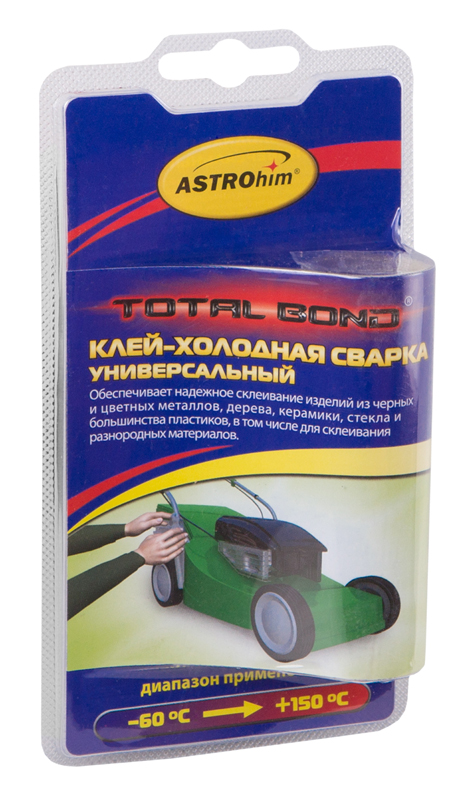 Клей-холодная сварка ASTROhim, универсальный, 55 гАС-9317 Клей-холодная сварка ASTROhim, универсальный, 55 гАС-9317Клей-холодная сварка ASTROhim предназначен для надежного склеивания изделий из черных и цветных металлов, дерева, керамики, стекла и большинства пластиков, в том числе в комбинациях между собой. Применяется также для восстановления утраченных фрагментов изделий из вышеперечисленных материалов, работающих при температурах от -60°С до +150°С. Обеспечивает надежный ремонт на влажных и замасленных поверхностях, при низких температурах (до -10°С), при условии замешивания смеси в теплом помещении. Товар сертифицирован.