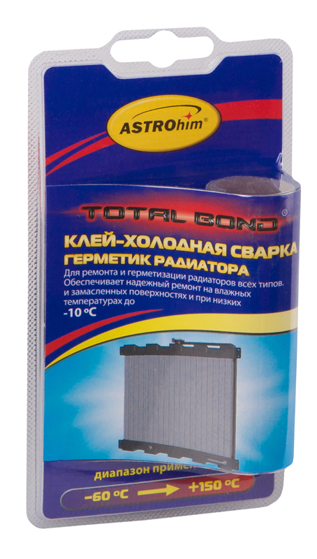 Клей-холодная сварка ASTROhim, герметик радиатора, 55 гАС-9392 Клей-холодная сварка ASTROhim, герметик радиатора, 55 гАС-9392Клей-холодная сварка ASTROhim предназначен для быстрого и надежного ремонта и герметизации радиаторов легковых, грузовых автомобилей, сельскохозяйственной техники, изготовленных из черных и цветных металлов, работающих при температуре до +150°С. Обеспечивает надежный ремонт на влажных и замасленных поверхностях, при низких (до -10°С) температурах (при условии замешивания смеси в теплом помещении). Товар сертифицирован.
