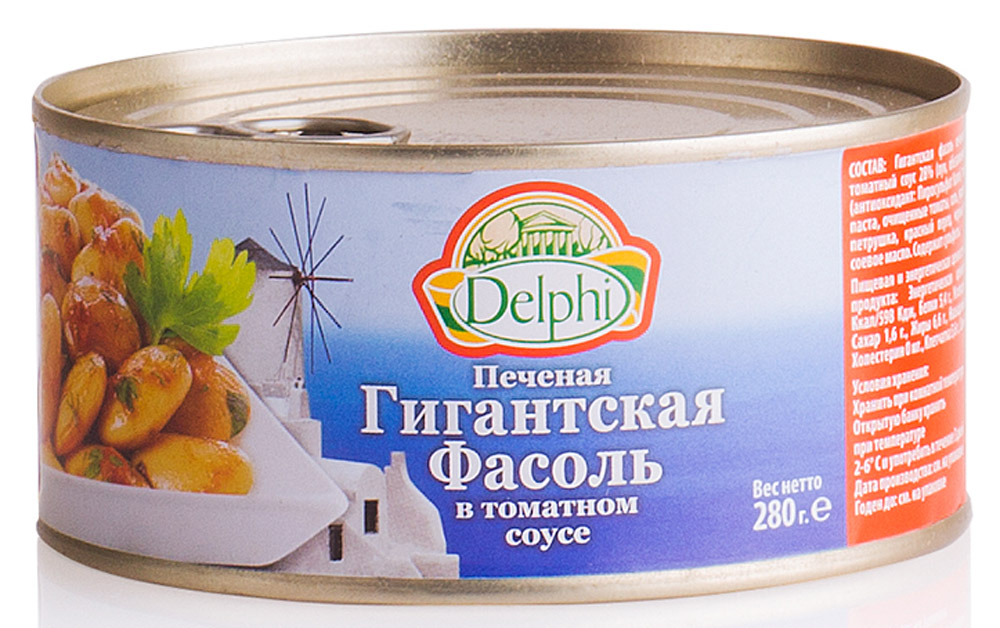 Delphi Фасоль печеная в томатном соусе, 280 г42.0004 Delphi Фасоль печеная в томатном соусе, 280 г42.0004Отборная гигантская фасоль в соусе из спелых томатов. Готовая к употреблению традиционная греческая закуска. Используется для приготовления салатов и супов, также и в качестве основного блюда или гарнира. Фасоль - заменитель мяса - является источником растительных белков. В фасоли содержатся полезные углеводы, витамины С, В1, В3, В6, РР, К и микроэлементы, необходимые для нормальной жизнедеятельности организма: железо, медь, цинк, калий, магний, сера, марганец, фолиевая кислота и кальций.