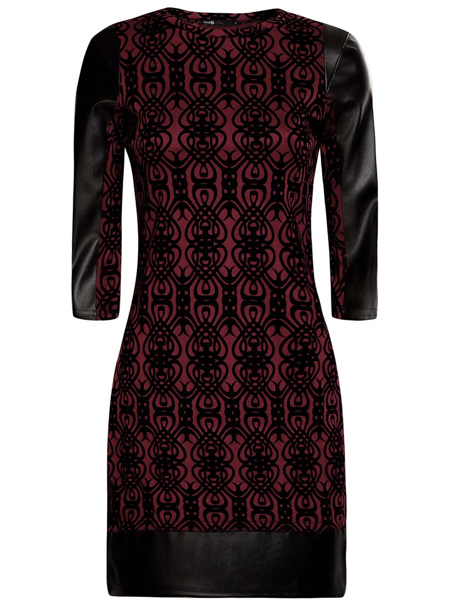 Платье oodji Ultra, цвет: бордовый, черный. 14001143-3/42376/4929O. Размер S (44)