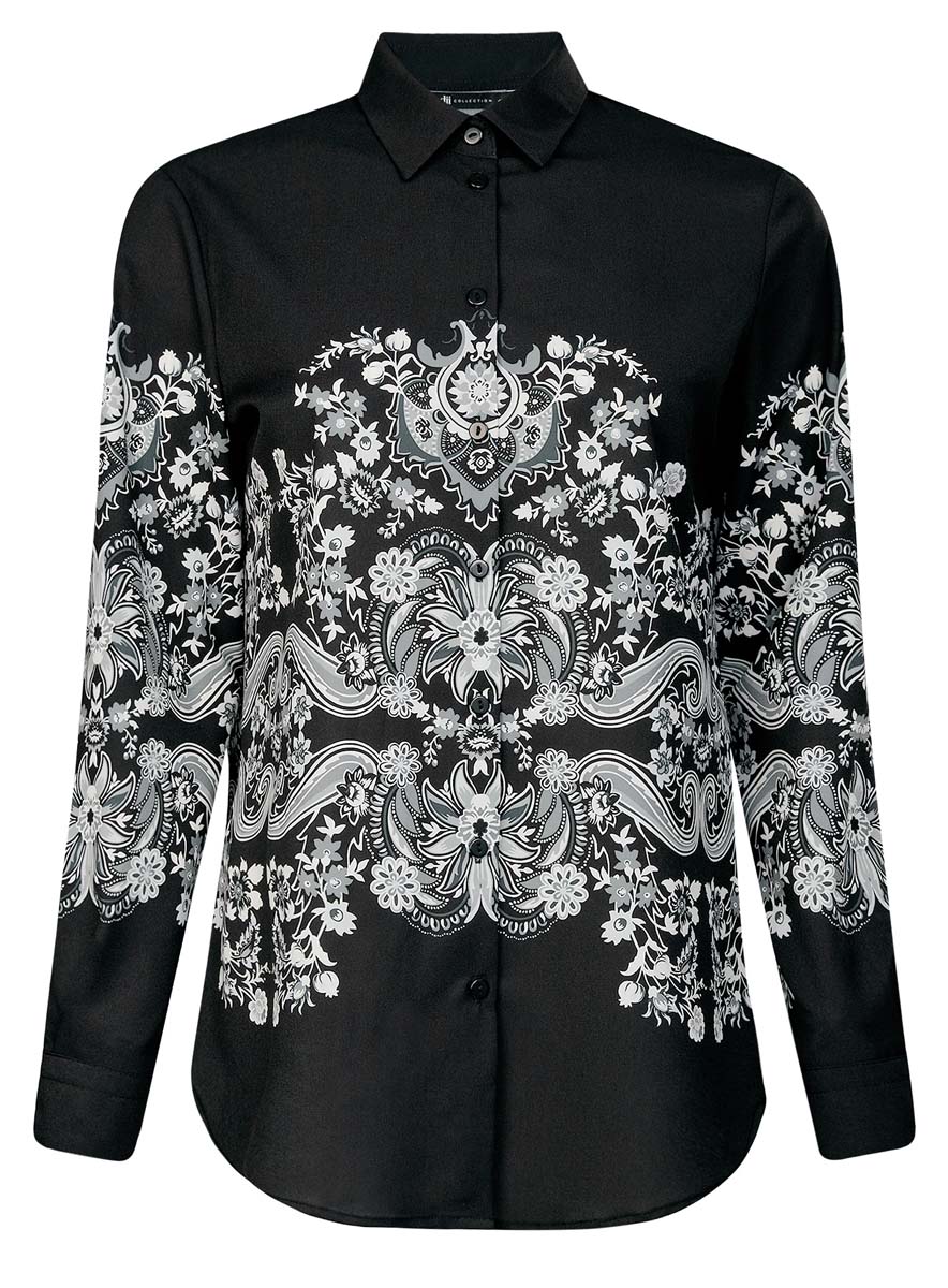 Блузка женская oodji Collection, цвет: черный, светло-серый. 21411112/46204/2910E. Размер 44 (50-170)21411112/46204/2910E Блузка женская oodji Collection, цвет: черный, светло-серый. 21411112/46204/2910E. Размер 44 (50-170)21411112/46204/2910EОригинальная женская блузка oodji Collection выполнена из качественного полиэстера. Модель прямого силуэта с отложным воротником и длинными рукавами застегивается спереди на пуговицы. Манжеты рукавов также имеют застежки-пуговицы. Оформлена блузка стильным принтом с узорами.