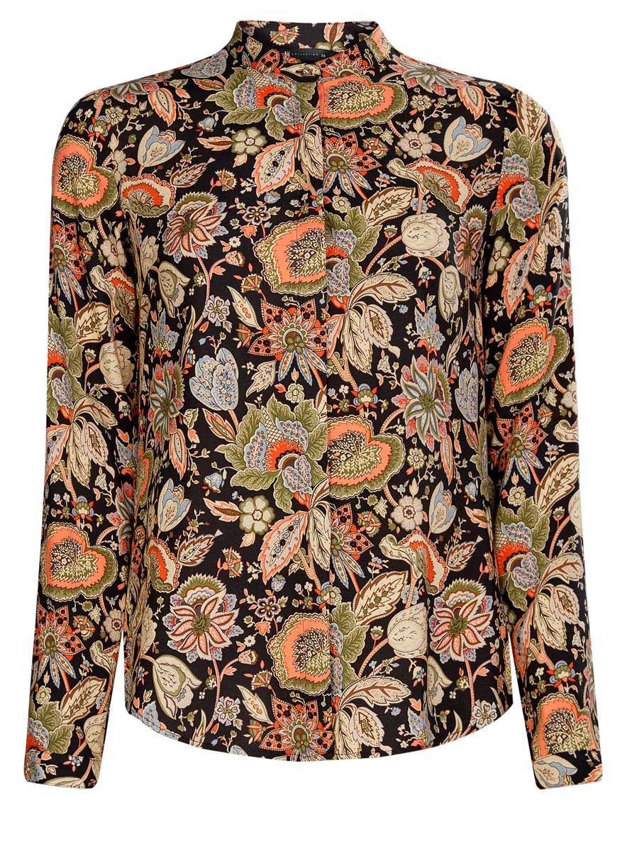 Блузка женская oodji Collection, цвет: черный, оранжевый. 21411063-2/26346/2955F. Размер 38 (44-170)21411063-2/26346/2955F Блузка женская oodji Collection, цвет: черный, оранжевый. 21411063-2/26346/2955F. Размер 38 (44-170)21411063-2/26346/2955FОригинальная женская блузка oodji Collection, выполненная из качественной вискозы, не оставит вас без внимания. Модель с воротником-стойкой и длинными рукавами застегивается спереди на пуговицы скрытые планкой. Манжеты рукавов также имеют застежки-пуговицы. Оформлена блузка стильным принтом с узором.