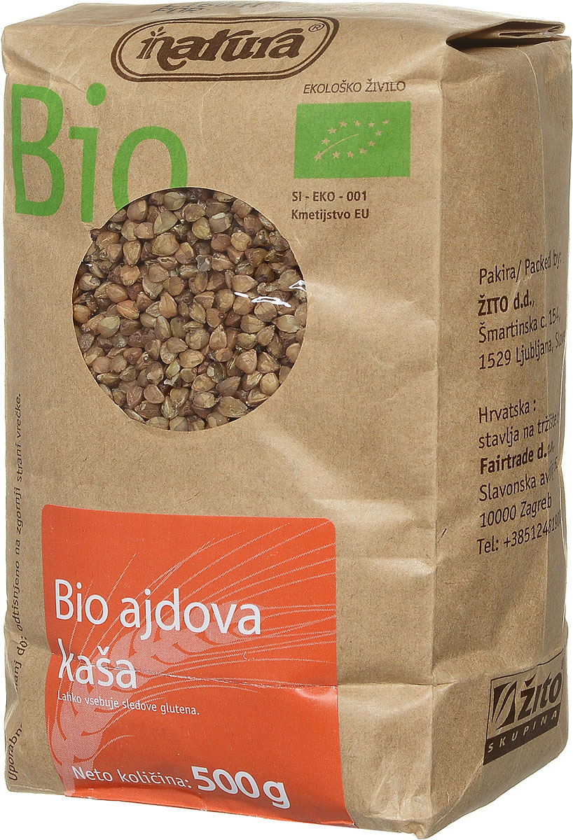 Zito Natura Bio Крупа гречневая органическая, 500 г3400010 Zito Natura Bio Крупа гречневая органическая, 500 г3400010Гречка занимает особое место в словенской кухне и находит все большее применение в современном питании. Блюда с гречкой изобилуют белками, витаминами, минералами и заряжают энергией. Рекомендуется для приготовления гречневой каши с грибами, фруктовой каши, салатов или гарнира.Органические продукты Natura имеют маркировку в соответствии с законодательством и европейскую экологическую маркировку сертифицированных органических продуктов питания, так как при их производстве не используются удобрения и распылители, запрещенные в органическом производстве и обработке. Органические продукты произведены под контролем SI - EKO - 001.Органические продукты Natura производятся в регионах, где природа пока еще живет своей жизнью. Они попадают на полки магазинов и на столы людей, выбирающих здоровое питание, в той же форме, в которой их создала природа: натуральными, питательными и здоровыми. Разнообразные натуральные зерна и семена обладают всеми свойствами злаков, полностью сохраняя, таким образом, свои полезные качества.
