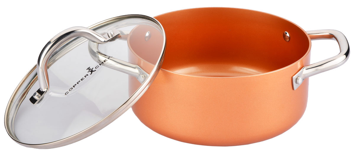 Кастрюля Copper Chef с крышкой, с керамическим покрытием, 4 лKC15062-02002 Кастрюля Copper Chef с крышкой, с керамическим покрытием, 4 лKC15062-02002Кастрюля Copper Chef изготовлена из высококачественного алюминия с антипригарным керамическим покрытием. Благодаря керамическому покрытию пища не пригорает и не прилипает к поверхности кастрюли, что позволяет готовить с минимальным количеством масла. Кроме того, такое покрытие абсолютно безопасно для здоровья человека.Достоинства керамического покрытия: - устойчивость к высоким температурам и резким перепадам температур; - устойчивость к царапающим кухонным принадлежностям и абразивным моющим средствам; - устойчивость к коррозии; - водоотталкивающий эффект; - покрытие способствует испарению воды во время готовки; - длительный срок службы; - безопасность для окружающей среды и человека. Изделие оснащено ручками, выполненными из нержавеющей стали, и стеклянной крышкой с отверстием для выхода пара. Кастрюля подходит для использования на газовых электрических, стеклокерамических плитах, а также на индукционных. Можно мыть в посудомоечной машине. Эксклюзивный американский бренд Copper Chef, впервые вышедший на российский рынок! При изготовлении посуды используется высокопрочное керамическое антипригарное покрытие, которое является самой современной технологией в сфере изготовления керамических покрытий. Посуда Copper Chef подойдет как шеф-повару пятизвездочного ресторана, так и простому любителю благодаря дизайну, безупречному качеству и доступной цене.Диаметр кастрюли: 24 см. Высота стенки: 10 см. Ширина кастрюли (с учетом ручек): 33,5 см.