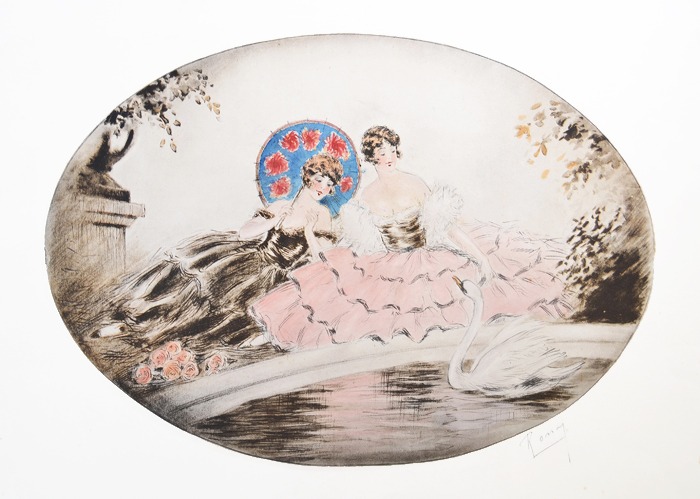 Девушки с лебедем. Цветная литография. Франция, 1920-1930 гг.