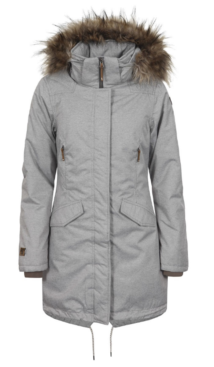 Куртка женская Icepeak Tamara, цвет: серый меланж. 653042592IV. Размер 36 (42)653042592IV Куртка женская Icepeak Tamara, цвет: серый меланж. 653042592IV. Размер 36 (42)653042592IVУдобное женское пальто Icepeak согреет вас в прохладную погоду и позволит выделиться из толпы. Модель с длинными рукавами, воротником-стойкой и съемным капюшоном выполнена из водонепроницаемой и непродуваемой мембранной ткани. Подкладка и утеплитель выполнен из высококачественного полиэстера (120 г/м2). Объем капюшона регулируется при помощи шнурка-кулиски со стопперами, он оформлен искусственным мехом, который пристегивается с помощью кнопок и молнии.Пальто застегивается на застежку-молнию спереди и имеет ветрозащитный клапан на кнопках. Изделие дополнено двумя втачными карманами с клапанами на кнопках спереди, внутренним карманом на застежке-молнии и внутренним карманом-сеткой. Манжеты рукавов дополнены внутренними трикотажными манжетами. Низ и линия талии изделия дополнены шнурками-кулисками со стопперами.