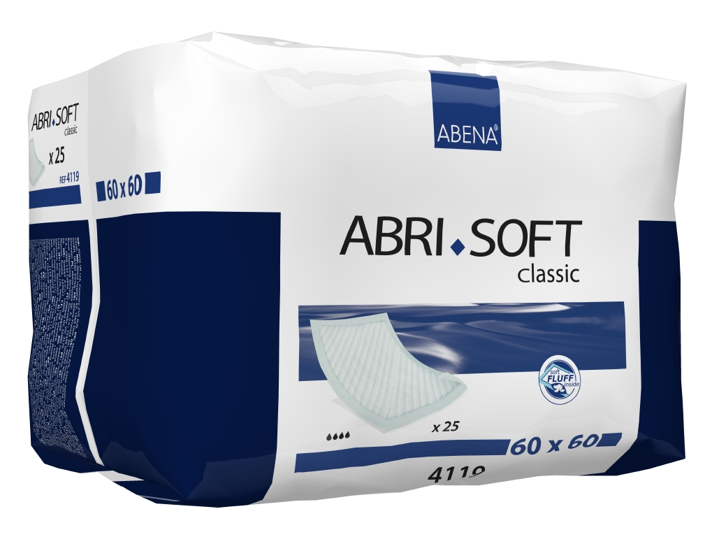 Abena Пеленка одноразовая Abri-Soft Classic 60 х 60 см 25 шт 41194119 Abena Пеленка одноразовая Abri-Soft Classic 60 х 60 см 25 шт 41194119Впитывающие пеленки Abri-Soft Classic - изделие с высоким уровнем впитываемости, обеспечивает надежную защиту во время проведения длительных диагностических, гигиенических и медицинских процедур.Одноразовые впитывающие пеленки Abri-Soft подходят для защиты постельного белья и других поверхностей при проведении различных медицинских процедур, а также для использования в качестве дополнительной защиты постели и кресел во время смены прокладки или подгузника. Пеленки Abri-Soft состоят из водонепроницаемого полиэтиленового нижнего слоя, распушенного целлюлозного волокна, суперабсорбента (Abri-Soft Superdry) нетканого материала и герметичных кромок с четырех сторон для защиты от протекания.Преимущества Abri-Soft:- водопроницаемый внешний слой и герметичные кромки по периметру пеленки обеспечивают надежную защиту от протеканий;- волокно/суперабсорбирующий слой обеспечивают высокую степень впитываемости;- равномерно впитывают жидкость и не собираются в комочки;- надежная герметичная защита от протеканий благодаря полиэтиленовому слою;- мягкие и приятные к коже;- водопроницаемый внешний слой и герметичные кромки по периметру пеленки обеспечивают надежную защиту от протеканий;- впитывающий слой (более 2100 мл) состоит из 100% целлюлозного волокна, без хлорного отбеливания и суперсорбента;- суперабсорбент превращает жидкость в гель;- пеленка не содержит фталатов нижний защитный слой выполнен из водонепроницаемого полиэтилена голубого цвета, защищает от протеканий.Пеленки Abri-Soft представлены в разных размерах и уровнях впитываемости.В линейке Abri-Soft 4 вида пеленок: Abri-Soft Eco - экономичное изделие, впитывающее небольшое количество жидкости. Abri-Soft Basic - изделие с базовым (средним) уровнем впитываемости. Abri-Soft Classic - изделие с высоким уровнем впитываемости. Abri-Soft Superdry - изделие повышенной впитываемости за счет добавления суперабсорбента.