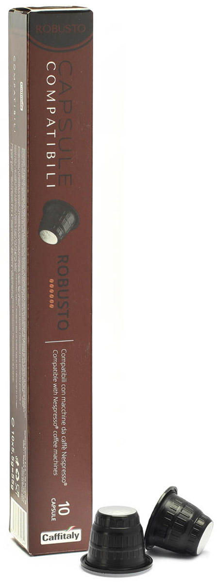 Caffitaly Capsule Compatibili Robusto кофе в капсулах, 10 шт8032680751349 Caffitaly Capsule Compatibili Robusto кофе в капсулах, 10 шт8032680751349Кофе Caffitaly Capsule Compatibili специально разработан для системы Nespresso. Кофе Caffitaly Capsule Compatibili Robusto – натуральный молотый кофе в капсулах. Эспрессо из смеси кофейных зерен с плантаций Уганды, Индии и Бразилии обладаетбогатым вкусом и превосходной плотностью, дополненный нотками горького какао и сладкого темного шоколада.Преимущества кофе Caffitaly Capsule Compatibili: Компактная упаковка; Специально разработанная конструкция позволяет легко вставлять капсулу в кофемашину без каких-либо усилий, что позволяет избежать выхода машины из строя; Задняя часть капсулы сделана из плотной фольги, таким образом капсула всегда прокалывается и исключается поломка режущего элемента кофемашины при прокалывании, как это бывает в капсулах с плотной пластмассовой стенкой. Капсулы хватает для приготовления двойной дозы напитка (200 мг). Крепость: 3/5