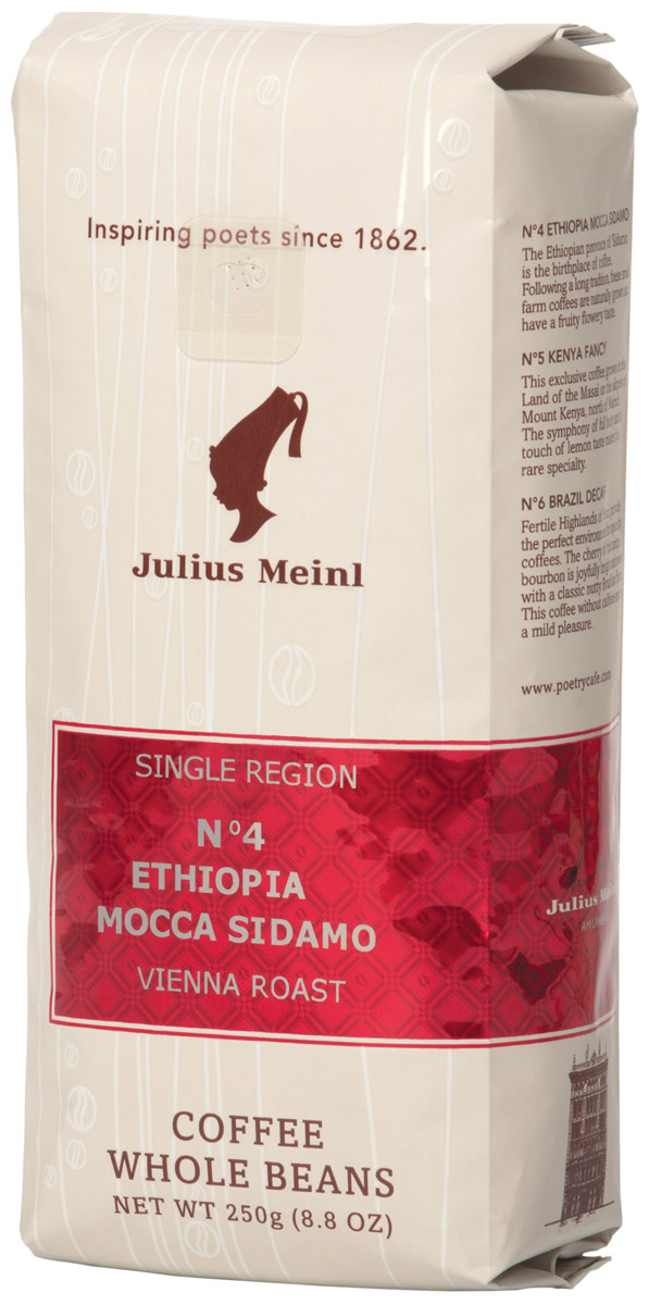 Julius Meinl № 4 Эфиопия Мокка Сидамо кофе в зернах, 250 г82031 Julius Meinl № 4 Эфиопия Мокка Сидамо кофе в зернах, 250 г82031Африканский сорт из региона Сидамо обладает цветочными тонами во вкусе, сбалансированными кислинкой и горчинкой во вкусе. Приятное сливочное послевкусие с оттенками сухофруктов.