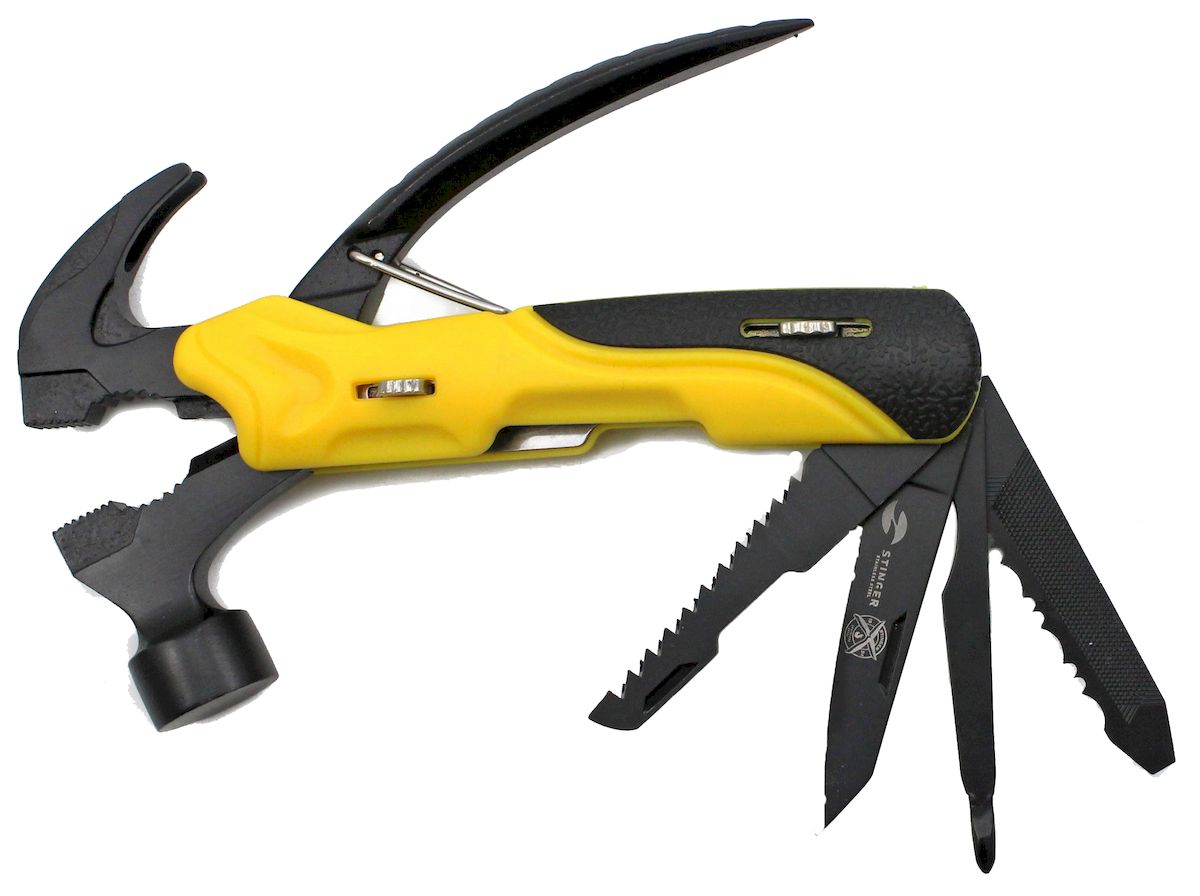 Мультитул Stinger, 9 инструментов, цвет: желтый, черный. MT-22BC-HMT-22BC-H Мультитул Stinger, 9 инструментов, цвет: желтый, черный. MT-22BC-HMT-22BC-HМультитулы Stinger включают в себя большинство инструментов, которые могут понадобиться при работе руками — мелком ручном ремонте, поделочных работах. Когда в дороге нужно что-нибудь починить или есть вероятность,что это придется делать, мультитул становится незаменимым. Материал инструментов - нержавеющая сталь.Материал рукоятки - нержавеющая сталь, пластик.Размер в открытом виде - 20,5 см.Размер в закрытом виде - 13,5 см.Количество функций - 9:- плоскогубцы;- нож плоский большой;- напильник по дереву и металлу;- пила по дереву и металлу;- отвертка крестовая;- отвертка шлицевая;- клещи;- молоток;- пила.