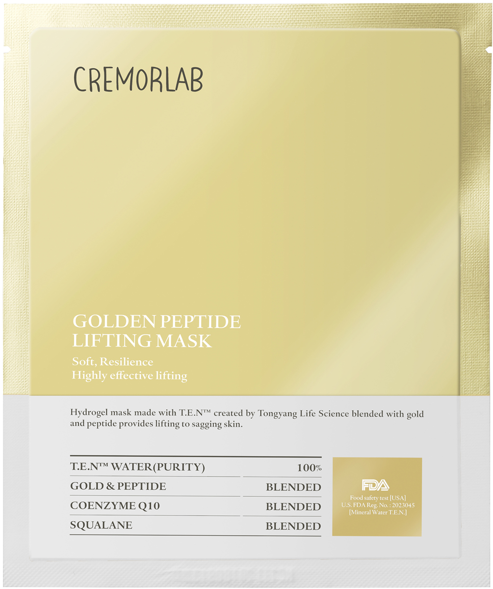 Cremorlab Gold Peptide Lifting Mask Лифтинг маска с золотом и пептидами 1 шт.61454 Cremorlab Gold Peptide Lifting Mask Лифтинг маска с золотом и пептидами 1 шт.61454Гидрогелевая маска класса премиум способствует восстановлению эластичности кожи и обладает выраженным лифтинг-эффектом. Уникальный ингредиентный комплекс, состоящий из термальной воды, пептидных белков, биологически активного золота, фитосквалана и коэнзима Q10, способствует проникновению активных веществ маски в глубокие слои кожи, пролонгированному увлажнению. Защищает от негативного воздействия окружающей среды и чрезмерного испарения влаги. Питает, стимулирует выработку коллагена, уменьшает глубину морщин, повышает иммунитет, улучшает упругость и тургор, положительно влияет на функциональное состояние кожи, возвращает жизненную энергию уставшей и блеклой коже. Не содержит парабенов, бензофенона, минеральных масел и искусственных красителей. Подходит для всех типов и состояний кожи.