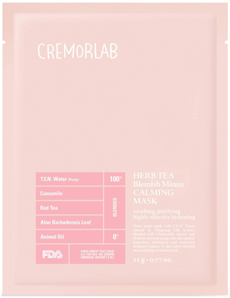 Cremorlab Herb Tea Blemish Minus Calming Mask / Маска успокаивающая с экстрактами ромашки и чая 1 шт61508 Cremorlab Herb Tea Blemish Minus Calming Mask / Маска успокаивающая с экстрактами ромашки и чая 1 шт61508Маска, изготовленная из 100% натуральных экологически чистых волокон. Комплекс растительных компонентов маски с успокаивающим, антибактериальным, противовоспалительным эффектом быстро и без раздражения успокаивает даже чувствительную кожу. Материал и высокая концентрация высокоэффективных ингредиентов способствует прекрасному усвоению кожей активных веществ маски при минимальной аллергенности. Является антиоксидантом, глубоко увлажняет кожу, нейтрализует действие свободных радикалов. Не содержит парабенов, гипоаллергенна. Подходит для всех типов и состояний кожи.Объем: 1 штука - 25 грамм