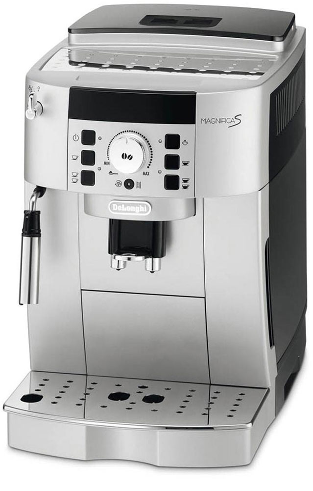 DeLonghi Magnifica ECAM 22.110.SB, кофемашинаEСAM 22.110.SB DeLonghi Magnifica ECAM 22.110.SB, кофемашинаEСAM 22.110.SBКомпактная автоматическая кофемашина DeLonghi Magnifica S ECAM 22.110 выполнена в элегантном корпусе. Она оснащена множеством удобных автоматических функций, включая автоматическое выключение, удаление накипи и самоочистка.Данная модель позволяет простым нажатием кнопки и поворотом рукоятки приготовить ваш любимый кофе. Кофемашина имеет традиционный ручной капучинатор, с помощью которого вы можете сделать пышную молочную пену для капучино, а также подставку для чашек с подогревом и фильтр очистки воды.Новая панель управленияПозволяет приготовить любой тип кофе простым нажатием кнопки. Простое вращение ручки позволяет увеличить или уменьшить крепость кофе. Нажатием кнопки можно выбрать маленькую или большую порцию.Прибор оснащен контейнером для зерен с крышкой, сохраняющий аромат.Система капучино из нержавеющей стали: смешивает пар, воздух и молоко, позволяя приготовить пышную молочную пену.Съемный компактный блок приготовления вместимостью от 6 до 14 гДолговечная кофемолка с регулировкой до 13 степеней помолаПрограммируемое количество кофе на порциюПрограммируемое количество воды на порциюПредварительное смачиваниеВозможность установки кофейных чашек высотой от 86 до 142 ммКонтейнер для кофе, сохраняющий ароматКонтейнер для жмыха на 14 порций с индикацией наполненностиФильтр для водыОбъем контейнера для зерен: 250 гСъемный поддон для капель с индикатором уровня водыФункция энергосбереженияРежим ожиданияБыстрое приготовление капучино