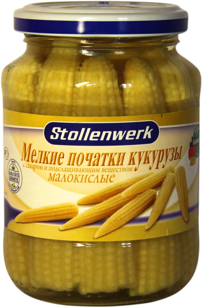 Stollenwerk мелкие початки кукурузы малокислые, 370 мл stollenwerk горошек молодой деликатесный 720 мл