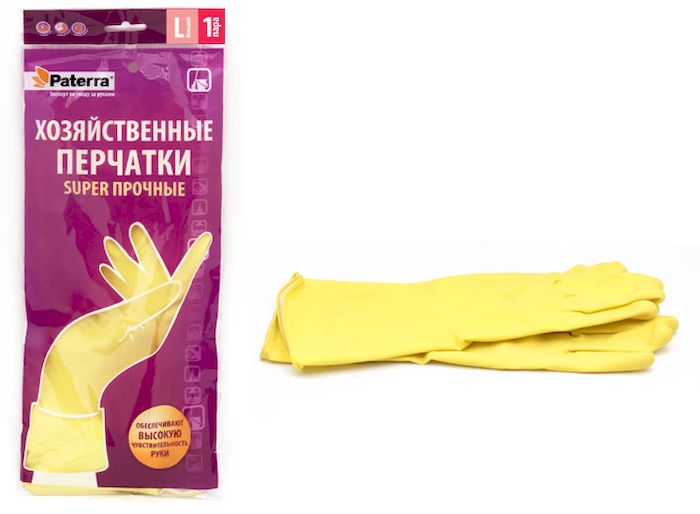 Перчатки хозяйственные Paterra Super прочные. Размер 9 (L)402-395 Перчатки хозяйственные Paterra Super прочные. Размер 9 (L)402-395Хозяйственные перчатки Paterra Super прочные предназначены для защиты рук от воздействия воды, пищевых жиров и бытовых моющих средств. Перчатки прочные и долговечные, выполнены из латекса с внутренним напыление из хлопка, которое препятствует парниковому эффекту ладони. Без резкого запаха резины. Перчатки имеют высокую манжету - 14 см.