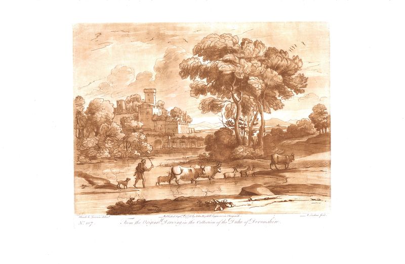 Лист 107. Пасторальный пейзаж. Офорт, меццо-тинто. Англия, Лондон, 1775 год