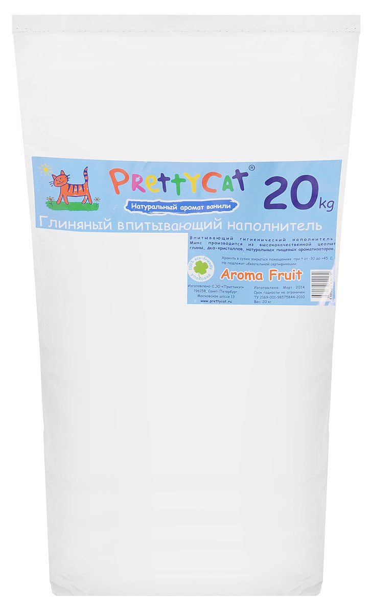 Наполнитель для кошачьих туалетов PrettyCat Aroma Fruit, с део-кристаллами, с ароматом ванили, 20 кг620130 Наполнитель для кошачьих туалетов PrettyCat Aroma Fruit, с део-кристаллами, с ароматом ванили, 20 кг620130Наполнитель для кошачьих туалетов PrettyCat Aroma Fruit - это впитывающий глиняный наполнитель. Он изготовлен из высококачественной цеолит глины с део-кристаллами и натуральными пищевыми арома-маслами. Это абсолютно экологически чистый продукт. Натуральный пищевой ароматизатор с ароматом ванили безопасен для вашей кошки. От ее лапок всегда будет вкусно пахнуть ванилью. Глиняные гранулы прекрасно впитывают жидкость, предотвращая размножение бактерий и появление пыли. Особые део-кристаллы устраняют запах, оставляя только нежный аромат. Впитывающий глиняный наполнитель нравится абсолютно всем кошкам и их хозяевам.Вес 20 кг.Состав: цеолит глина, део-кристаллы, арома-масла.Товар сертифицирован.