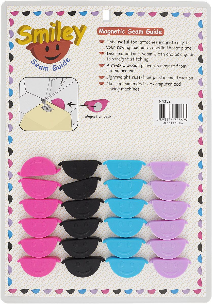 Направляющая для шва Hemline Smiley, магнитная, 24 штN4352 Направляющая для шва Hemline Smiley, магнитная, 24 штN4352Магнитная направляющая Hemline Smiley для создания ровного шва крепится с помощью магнита к металлической пластине вашей швейной машины. Устанавливается на любое расстояние от края и служит направляющей для прямого шва.В комплект входят 24 направляющих разного цвета.Размер направляющей: 2 х 4,5 х 1,8 см.