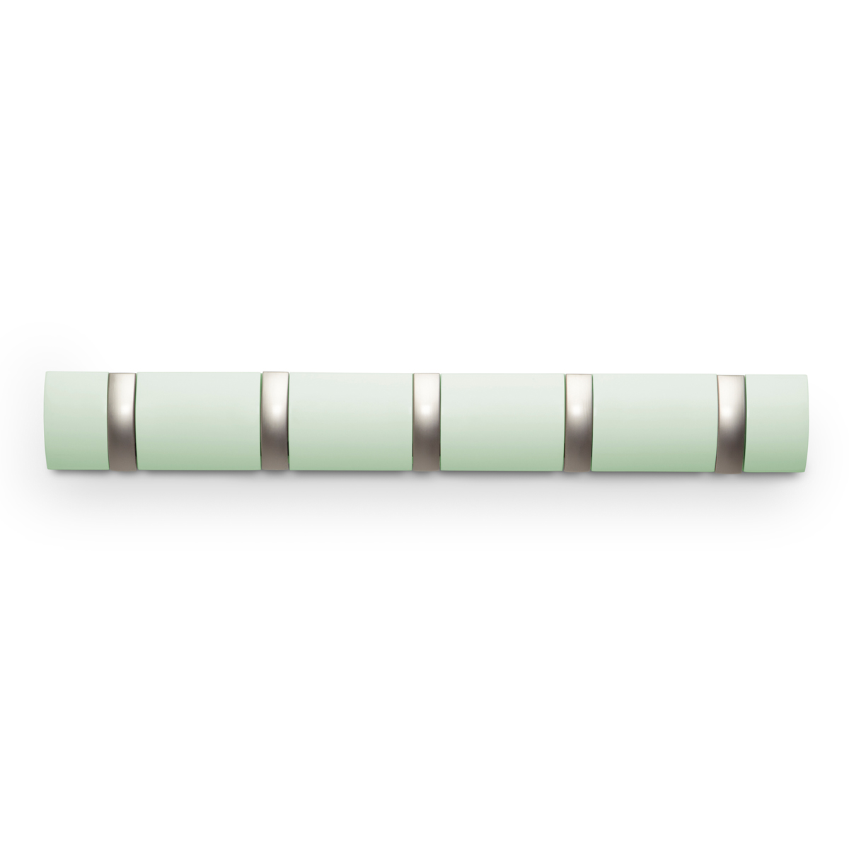 Вешалка Umbra Flip, настенная, цвет: зеленый, 5 крючков318850-730 Вешалка Umbra Flip, настенная, цвет: зеленый, 5 крючков318850-730Стильная и прочная вешалка интересной формы. Имеет 5 откидных алюминиевых крючков. Когда они не используются, то складываются внутрь, превращая конструкцию в абсолютно гладкую поверхность.Идеально для маленьких прихожих и ограниченных пространств.Каждый крючок выдерживает вес до 2,3 кг.