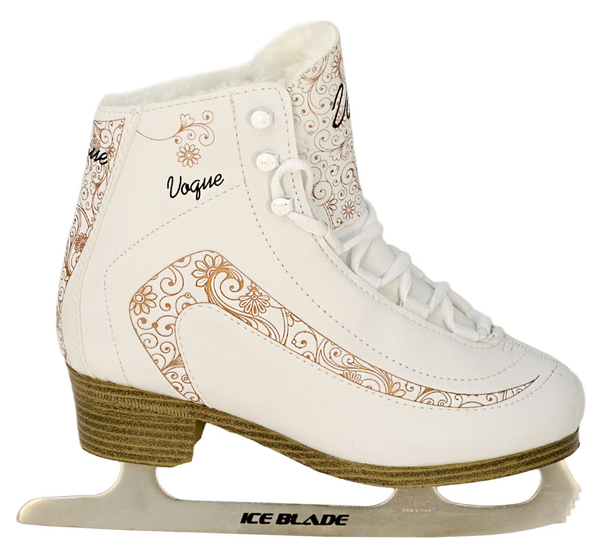 Коньки фигурные Ice Blade Vogue, цвет: белый, золотой. УТ-00006871. Размер 35УТ-00006871 Коньки фигурные Ice Blade Vogue, цвет: белый, золотой. УТ-00006871. Размер 35УТ-00006871Модные коньки Ice Blade Vogue предназначены для любительского фигурного катания. Коньки Vogue полностью соответствуют своему названию Vogue, что в переводе означает мода, популярность.Данная модель сочетает в себе позолоченный дизайн, модные манжеты, закрывающие шнурки от попадания снега, и сделанную под дерево подошву и каблук.Ботинок имеет анатомическую конструкцию и выполнен из высококачественной искусственной кожи с покрытием из полиуретана, защищающим от влаги. Внутренняя поверхность имеет подкладку из искусственного меха. Удобная система фиксации ноги и улучшенная колодка сделают катание невероятно комфортным и безопасным. Лезвия коньков выполнены из высокоуглеродистой стали, сертифицированной TUV Rheiland, что гарантирует прочность и долговечность. Коньки поставляются с заводской заточкой лезвия, что позволяет сразу приступить к катанию, не тратя время и денег на заточку. Коньки подходят для использования на открытом и закрытом льду.
