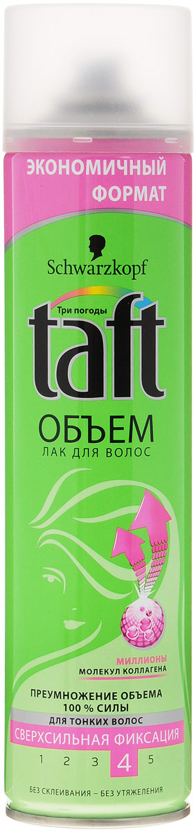 TAFT CLASSIC Лак Объем 350 мл сверхсильной фиксации , 350 мл9065861 TAFT CLASSIC Лак Объем 350 мл сверхсильной фиксации , 350 мл9065861МИЛЛИОНЫ МОЛЕКУЛ КОЛЛАГЕНАПРЕУМНОЖЕНИЕ ОБЪЕМА –СВЕРХСИЛЬНАЯ ФИКСАЦИЯФормула Taft Объем содержит более 3 миллионов молекулколлагена, он придает волосам невероятный упругий объембез склеивания. Идеально подходит для тонких волос!- 48 часов фиксации без склеивания, не оставляет следов.- Помогает защитить волосы от пересушивания, не утяжеляя их.