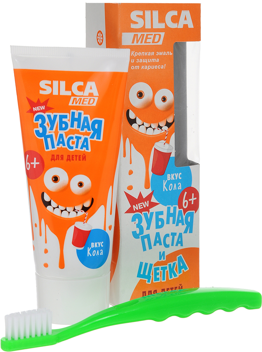 Silca Med Зубная паста детская со вкусом колы + Зубная щетка с 6 лет цвет зеленый600033_зеленый Silca Med Зубная паста детская со вкусом колы + Зубная щетка с 6 лет цвет зеленый600033_зеленыйЗубная паста Silca Med подойдет для детей с начавшейся заменой молочных зубов. Активный кальций укрепляет эмаль, а фтор надежно защищает от кариеса. Липа и ромашка снижают дискомфорт десен, мягко ухаживают за полостью рта.Зубная щетка с головкой оптимальной формы идеально подходит для детей с 2 лет. Щетина изготовлена из высококачественного волокнаи имеет специальные закругления на концах, чтобы не травмировать десны ребенка. Эргономичная ручка с волнистой поверхностью обеспечит надежную фиксацию пальчиков.Товар сертифицирован.