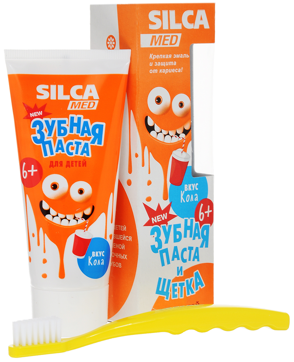Silca Med Зубная паста детская со вкусом колы + Зубная щетка с 6 лет цвет желтый600033_желтый Silca Med Зубная паста детская со вкусом колы + Зубная щетка с 6 лет цвет желтый600033_желтыйЗубная паста Silca Med подойдет для детей с начавшейся заменой молочных зубов. Активный кальций укрепляет эмаль, а фтор надежно защищает от кариеса. Липа и ромашка снижают дискомфорт десен, мягко ухаживают за полостью рта.Зубная щетка с головкой оптимальной формы идеально подходит для детей с 2 лет. Щетина изготовлена из высококачественного волокнаи имеет специальные закругления на концах, чтобы не травмировать десны ребенка. Эргономичная ручка с волнистой поверхностью обеспечит надежную фиксацию пальчиков.Товар сертифицирован.