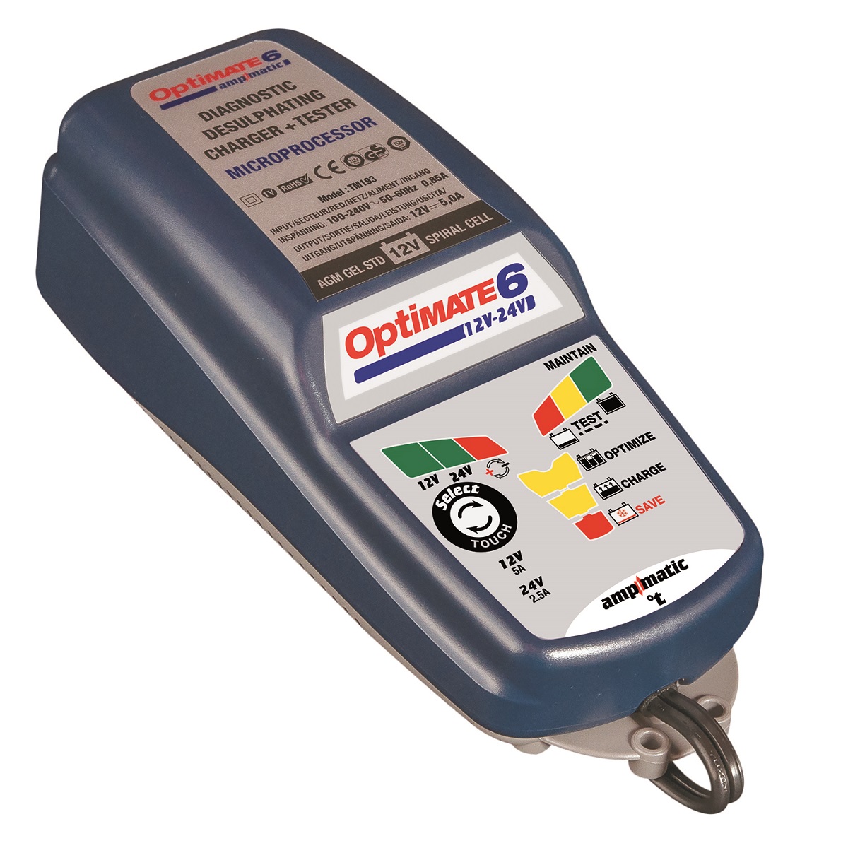 Зарядное устройство OptiMate 6, 12/24V. TM194TM194 Зарядное устройство OptiMate 6, 12/24V. TM194TM194Многоступенчатое зарядное устройство Optimate от бельгийской компании TecMate с режимами тестирования, восстановления глубокоразряженных аккумуляторных батарей, десульфатации и хранения. Управление автоматическое AmpmaticTM микропроцессор, переключение режимов 12В и 24В сенсорной кнопкой. Заряжает все типы 12В и 24В свинцово-кислотных аккумуляторных батарей, в т.ч. AGM, GEL. Защита от короткого замыкания, переполюсовки, искрообразования, перегрева. Оптимизирует срок службы и здоровье аккумуляторной батареи. Гарантия 3 года (замена на новое изделие). Влагозащищенный корпус. Рекомендовано 10-ю ведущими производителями мототехники. Optimate 6 рекомендуется для АКБ до 240 Ач - 12В, до 100Ач - 24В. Ток заряда: 0,4-5,0А для 12В; 0,4-2,5А для 24В. Старт зарядки АКБ от 0,5В. Температурный режим: -40...+40°С. В комплект устройства входят аксессуары: O11 кольцевой разъем постоянного подключения и O4 зажимы типа крокодил.