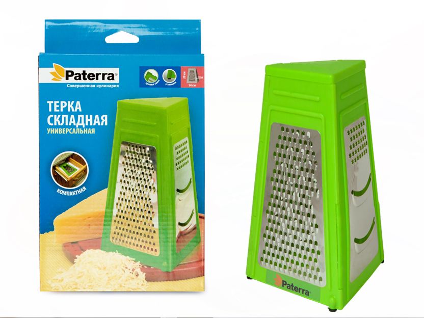 Терка Paterra, складная, высота 23 см402-554 Терка Paterra, складная, высота 23 см402-554Терка Paterra, выполненная из высококачественной стали и пластика, имеет 4 видами режущих поверхностей, которые помогут решить любую кулинарную задачу. Треугольная форма и резиновые ножки обеспечивают устойчивость и позволяют удобно удерживать терку в процессе использования.Складная конструкции обеспечивает компактное хранение.Размер терки (в собранном виде): 14 х 12 х 23 см.