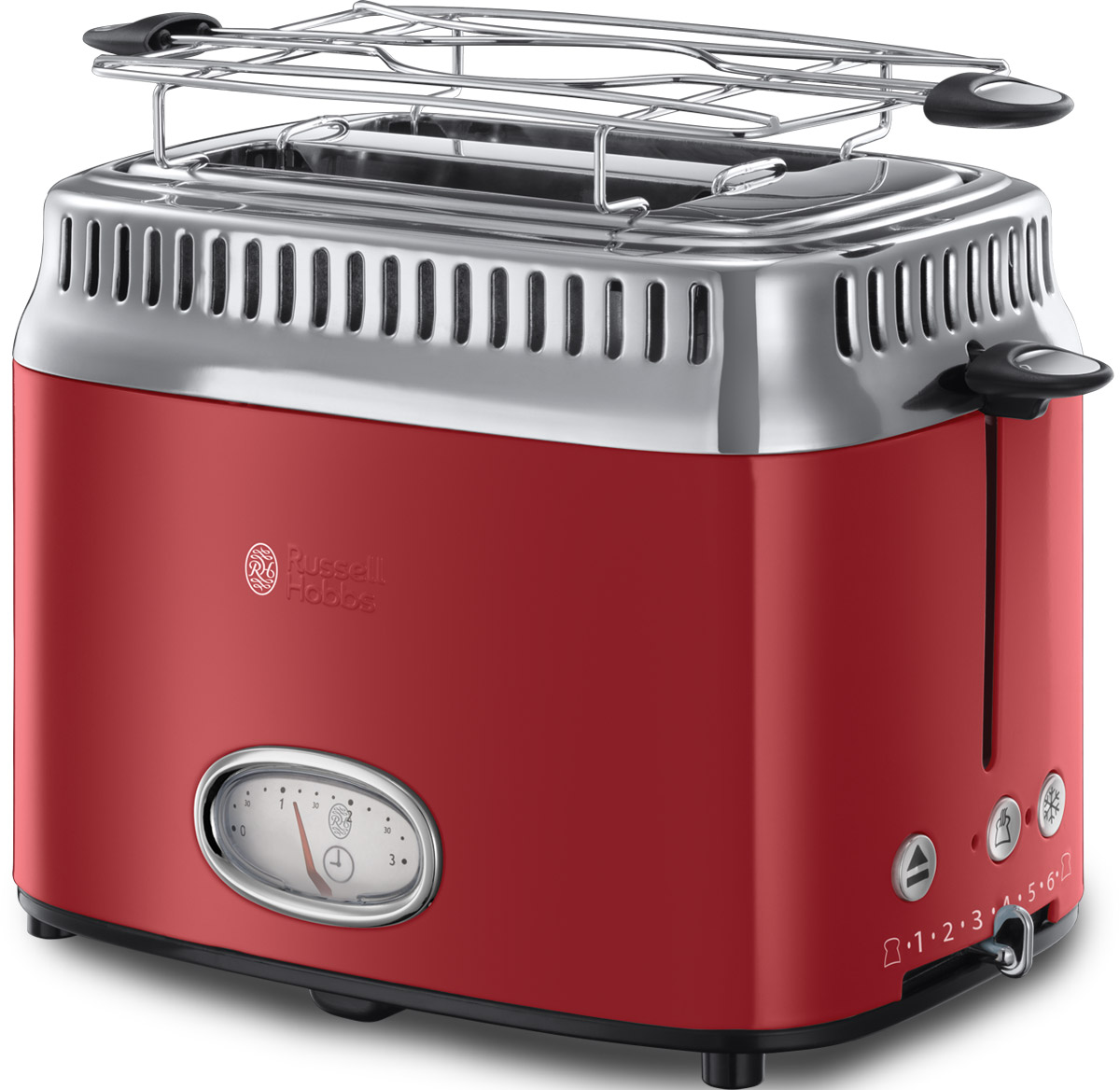 Russell Hobbs Retro, Ribbon Red тостер21680-56 Russell Hobbs Retro, Ribbon Red тостер21680-56Новинка сезона Осень-Зима 2016 года, тостер Russell Hobbs Retro входит в коллекцию приборов для Завтраков Retro, которая включает в себя еще и Чайник и Кофеварку. Если вы любите тосты, эта привлекательная модель тостера предоставит вам такое удовольствие в полной мере.Предпочитаете слегка подогретый хлеб или тосты с поджаристой хрустящей корочкой? Выберите нужную степень поджарки тостов и наслаждайтесь результатом. Стильная винтажная шкала обратного отсчета времени приготовления наглядно отображает время до готовности тостов. Хороший завтрак это начало хорошего дня, но времени на завтрак всегда критично мало. Понимая это, Russell Hobbs оснастил новые тостеры Retro технологией быстрого приготовления, которая сбережет ценные минуты с утра. Функция lift and look позволяет проверить готовность тостов, не прерывая процесс приготовления. В комплект к тостеру входит удобная решеточка для подогрева круассанов, бейглов и сэндвичей, а выдвижной лоток для сбора крошек поможет сохранять чистоту прибора.