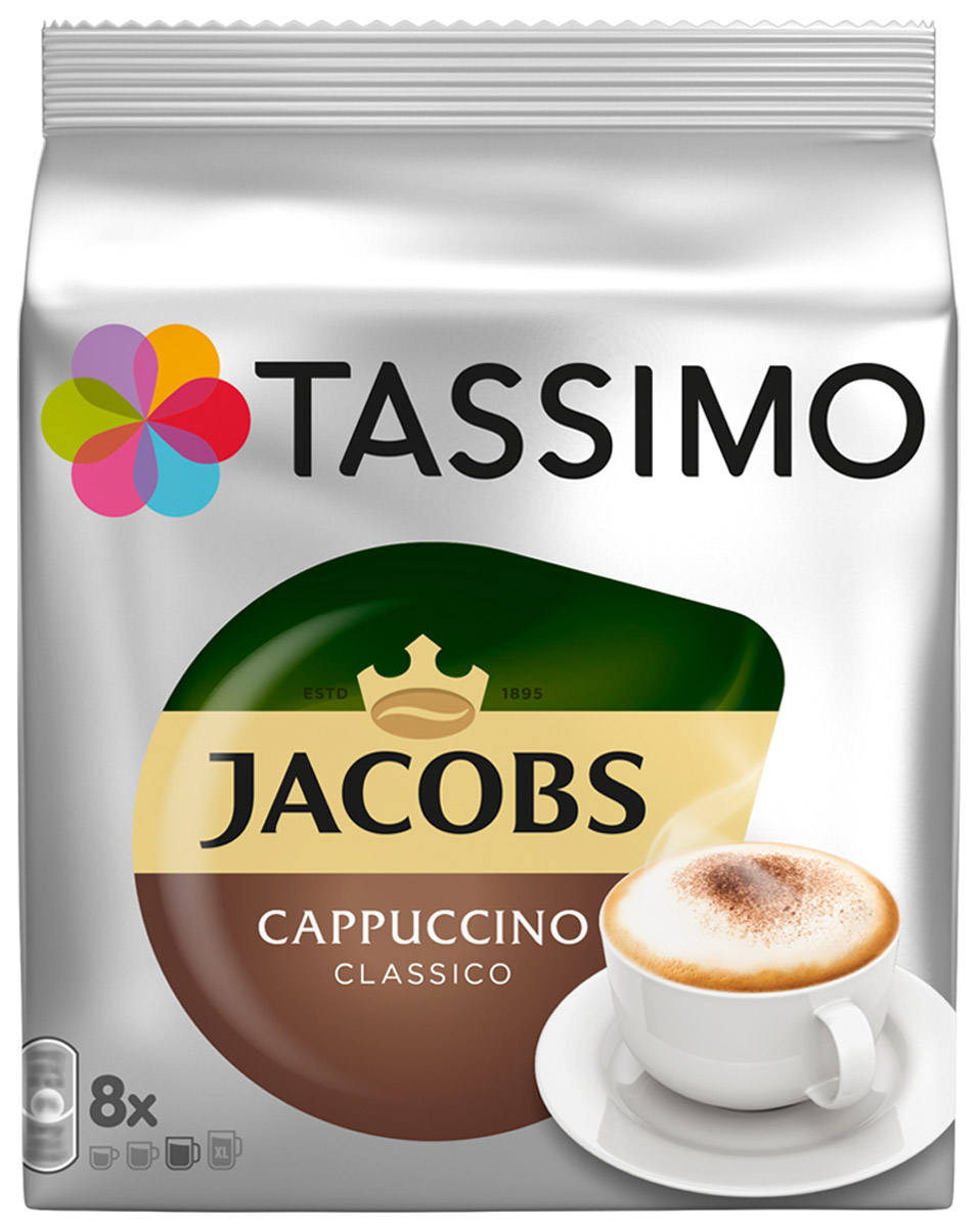 Tassimo Jacobs Cappuccino кофе в капсулах, 260 г_1 пачка Tassimo Jacobs Cappuccino кофе в капсулах, 260 г_1 пачкаНасыщенный кофе эспрессо Jacobs Cappuccino c ярким вкусом и великолепной молочной пенкой. Приготовьте эспрессо, добавьте молоко из специального T-Диска. Готово! А теперь насладитесь нежным капучино. В каждой упаковке находятся 8 Т-Дисков Jacobs Эспрессо и 8 молочных T-Дисков.В каждом Т-Диске Jacobs Monarch содержится точно дозированная порция молотого кофе. Каждый из этих специально разработанных Т-Дисков имеет уникальный штрих-код, который считывается кофемашиной TASSIMO. В этом коде указан объем воды, время приготовления и оптимальная температура, необходимая для получения чашки безупречного напитка.Опираясь на свой многолетний опыт в производстве молока и продуктов питания, компания Kraft разработала и запатентовала метод ультрафильтрации (UF) молока. Эта технология позволяет концентрировать натуральное молоко и стабилизировать его для хранения при комнатной температуре с сохранением всех свойств свежего молока (вида, вкуса и способности образования пенки). Молочные продукты TASSIMO не имеют ни желтоватого цвета, ни привкуса пастеризованного или порошкового молока. Такое молоко является уникальным для TASSIMO: ни в каких других кофемашинах не используются жидкие молочные продукты в капсулах или дисках.Одна капсула рассчитана на приготовление 190 мл напитка.Состав: кофе натуральный жареный молотый.Молочный продукт стерилизованный с сахаром для приготовления кофейного напитка Капучино: ультрафильтрованный деминерализованный молочный концентрат с пониженным содержанием лактозы (76%), вода питьевая, сахар (14%), соль, регулятор кислотности (Е 339(ii)). Содержит молочный продукт. Противопоказано при индивидуальной непереносимости к белку молока. Насыщенный кофе эспрессо Jacobs Monarch с ярким вкусом и великолепной молочной пенкой. Пищевая ценность в 100мл продукта: белки 1,7 г, углеводы 3,2 г в том числе сахара 3,2 г, жиры 1,9 г из которых насыщенные 1,3 г. Энергетическая ценность 37 ккал.Рекомендуемый способ приготовления: выберите прозрачный стакан большого объема (200-250 мл) и поставьте его на подставку машины Tassimo, вставьте Т-диск с молочным продуктом для Капучино, закройте крышку и нажмите на кнопку. Когда машина закончит приготовление напитка из первого диска, уберите данный диск и вставьте второй Т-диск с кофе Jacobs Monarch Эспрессо. Нажмите на кнопку. Ваш любимый напиток готов.Упаковано в защитной атмосфере. Набор рассчитан на 8 порций.Хранить в сухом прохладном месте при температуре не более 20°С и относительной влажности не более 75%.